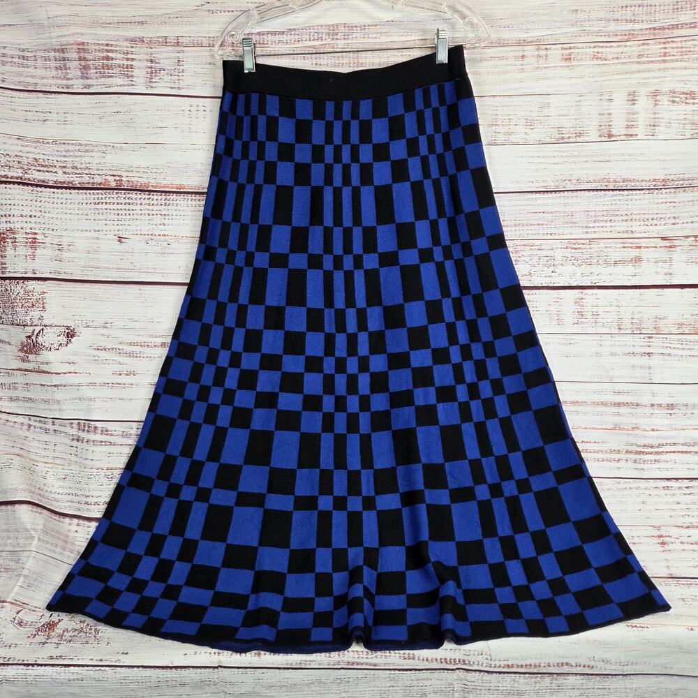Future Collective Stretch Aline Midi Skirt M Black Blue Check Plaid Party NWT - Picture 3 of 12